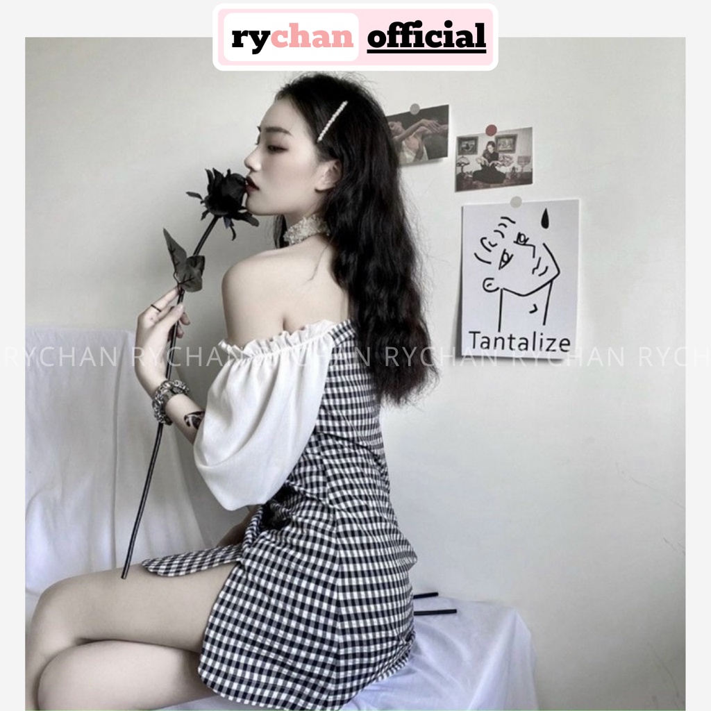 Đầm Caro Cổ Vuông Phối Tay Trắng Nút Tàu Xẻ Tà Mặc Được 2 Kiểu Cá Tính Sang Chảnh - DX9940