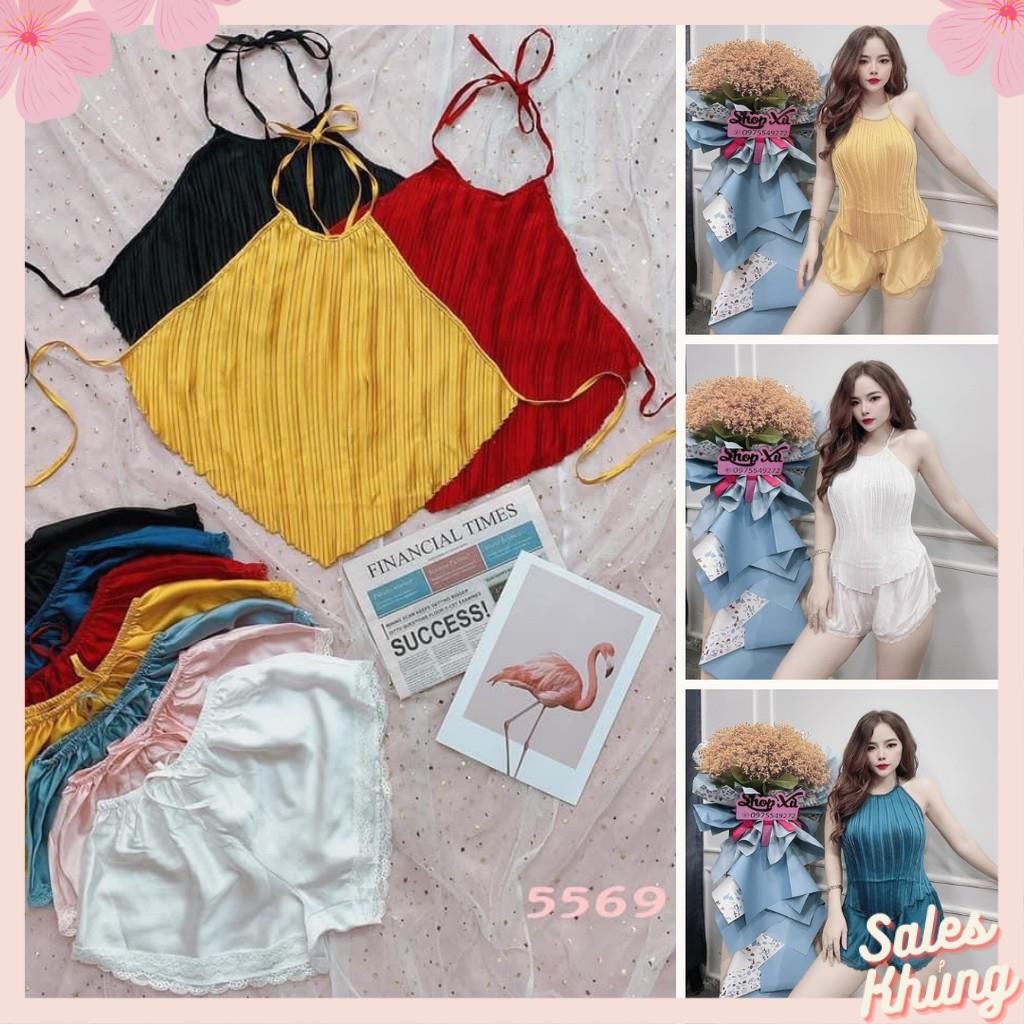 Bộ đồ ngủ lụa Yếm dập ly sexy,  đồ ngủ nữ 2 dây chất liệu satin cao cấp, mềm mịn, thoáng mát và rất gợi cảm.