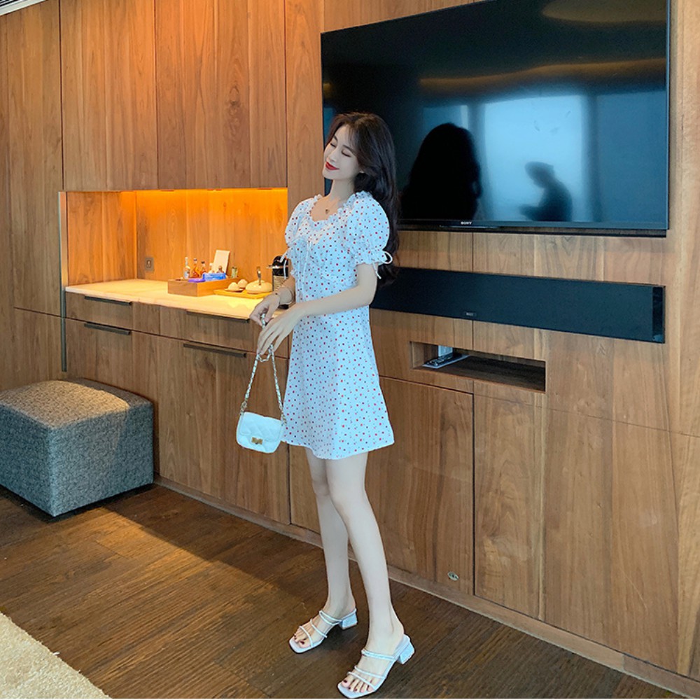 Váy nữ , đầm nữ họa tiết chấm bi , cổ bánh bèo , tay áo bồng thắt nơ váy đẹp chất UMI mềm nhẹ tôn dáng ATILA SHOP. | BigBuy360 - bigbuy360.vn