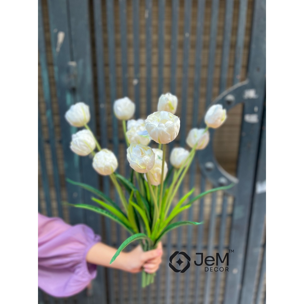 Hoa tulip cành kép 3 bông, hoa lụa giả, trang trí nhà cửa