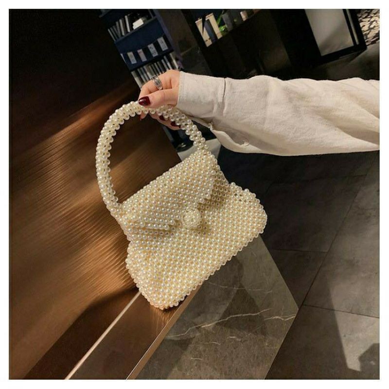 Túi xách tay kết hạt cườm giả ngọc trai handmade kiểu hình vòm