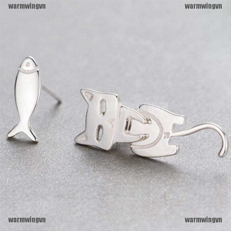 Bông Tai Xi Mạ Bạc Hình Mèo / Cá