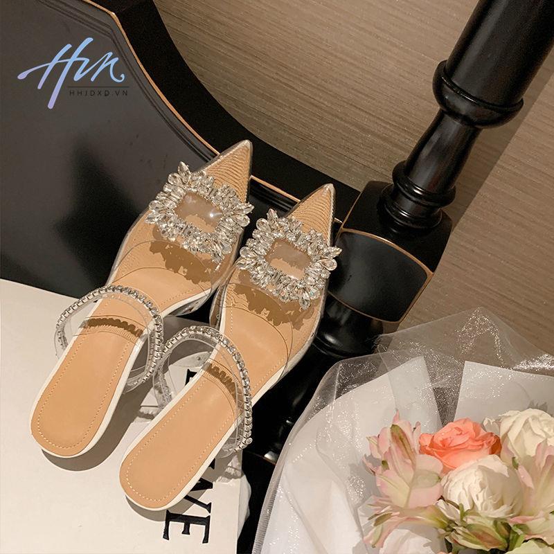 Dép Sandal Cao Gót Mũi Nhọn Hở Ngón Cài Khóa Vuông Đính Đá Thời Trang Mùa Hè Mới Cho Nữ