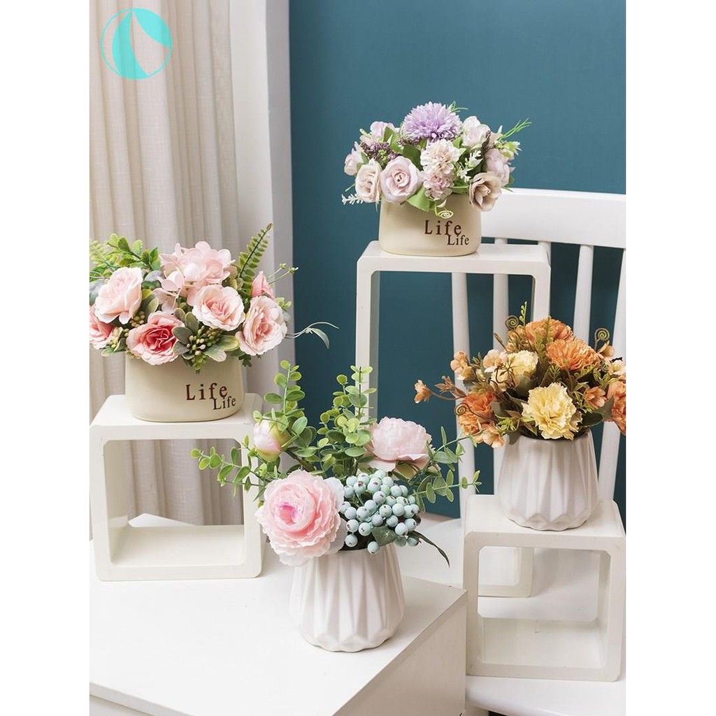 Hoa lụa, Chậu hoa sứ mini cắm sẵn trang trí kệ tủ, để bàn trà nhiều mẫu flower-01
