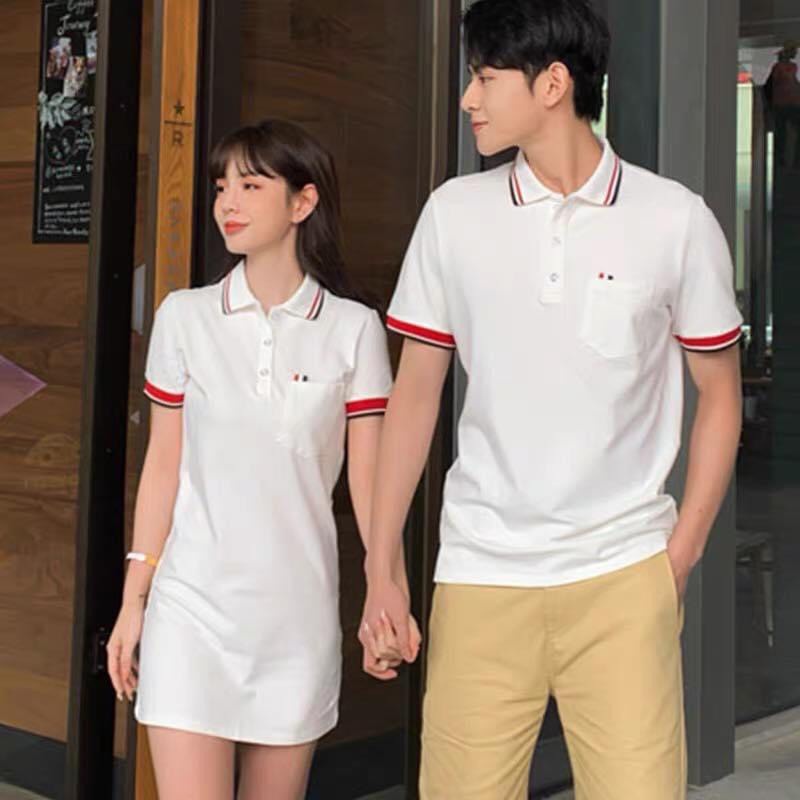 Set thun polo đôi nam nữ màu trắng, áo váy cặp dễ thương, dành cho đi dạo phố, hẹn hò