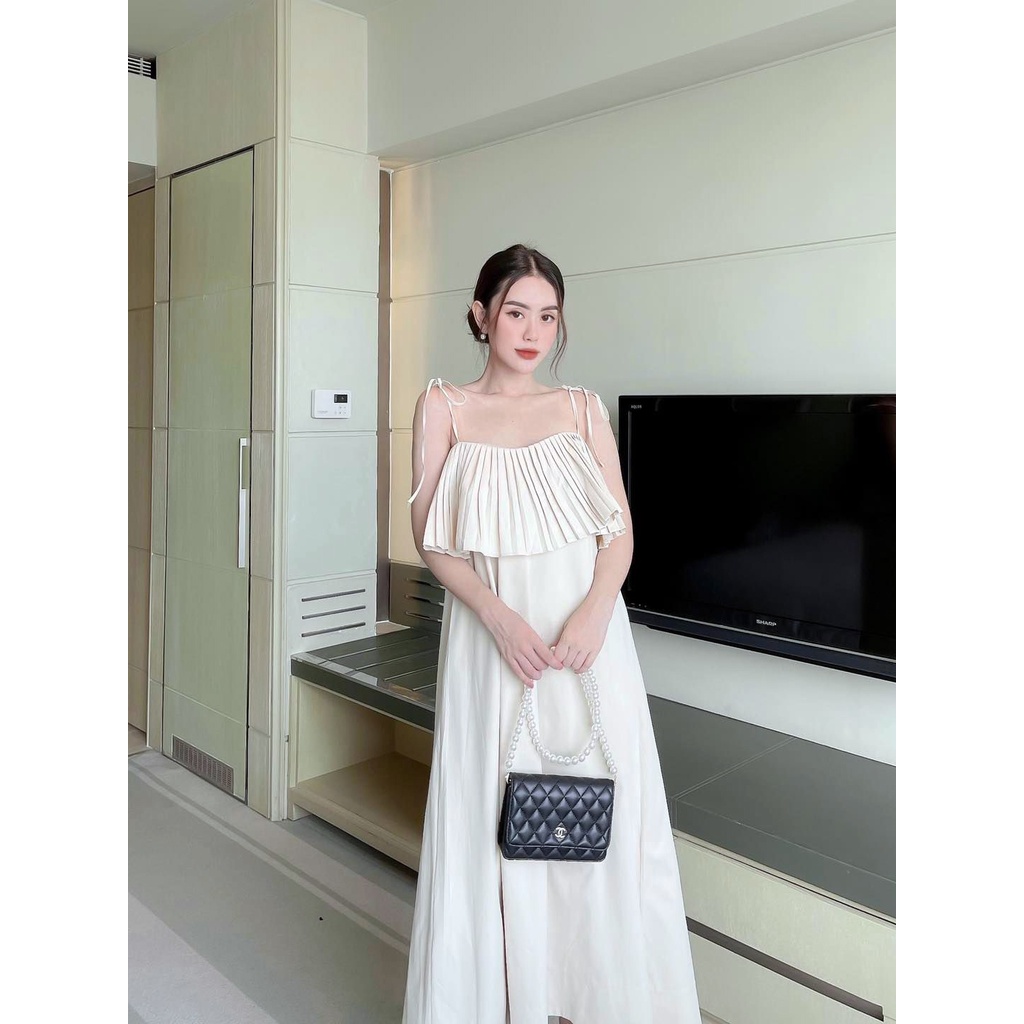 Đầm maxi dài 2 dây cột nơ dập li cao cấp