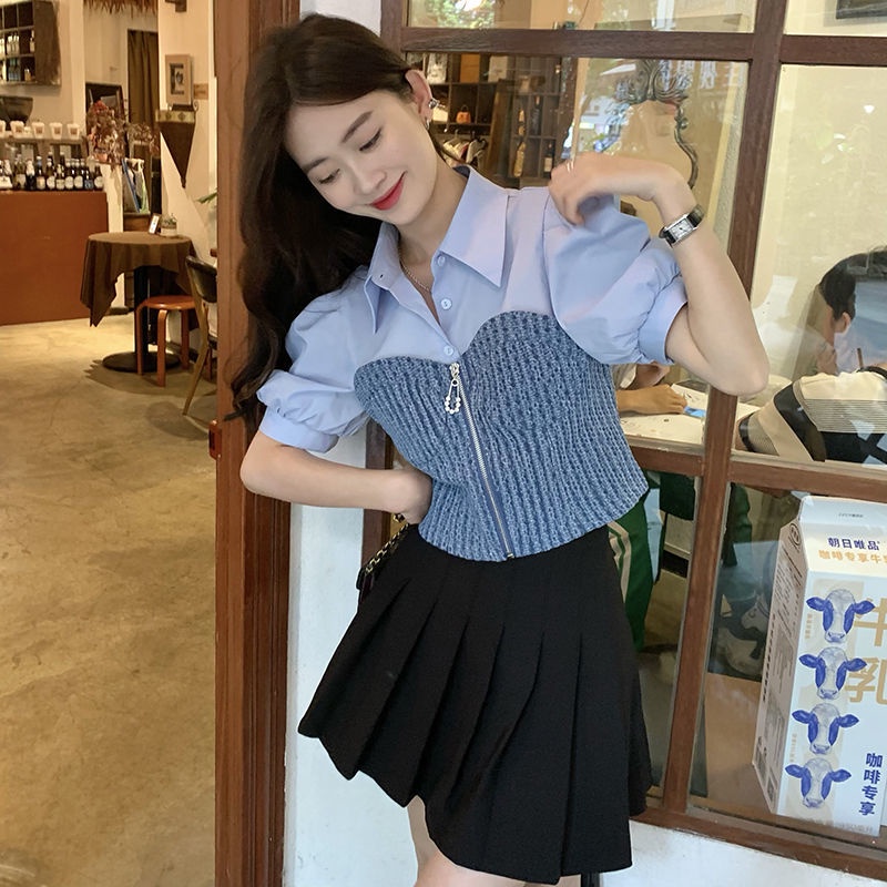 Áo Sơ Mi Denim Ngắn Tay Phong Cách Pháp Mẫu Mới Thời Trang Xuân Hè 2022 Cho Nữ