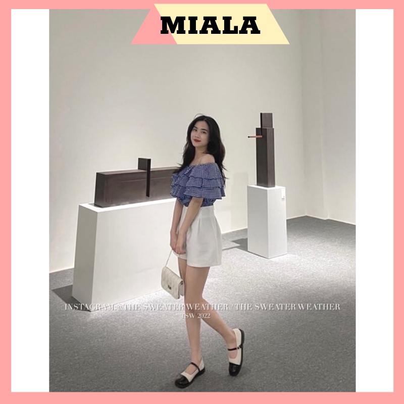 Áo trễ vai kẻ caro phối quần sooc trắng, set trễ vai mặc đi chơi, đi biển < 55kg, kèm video.