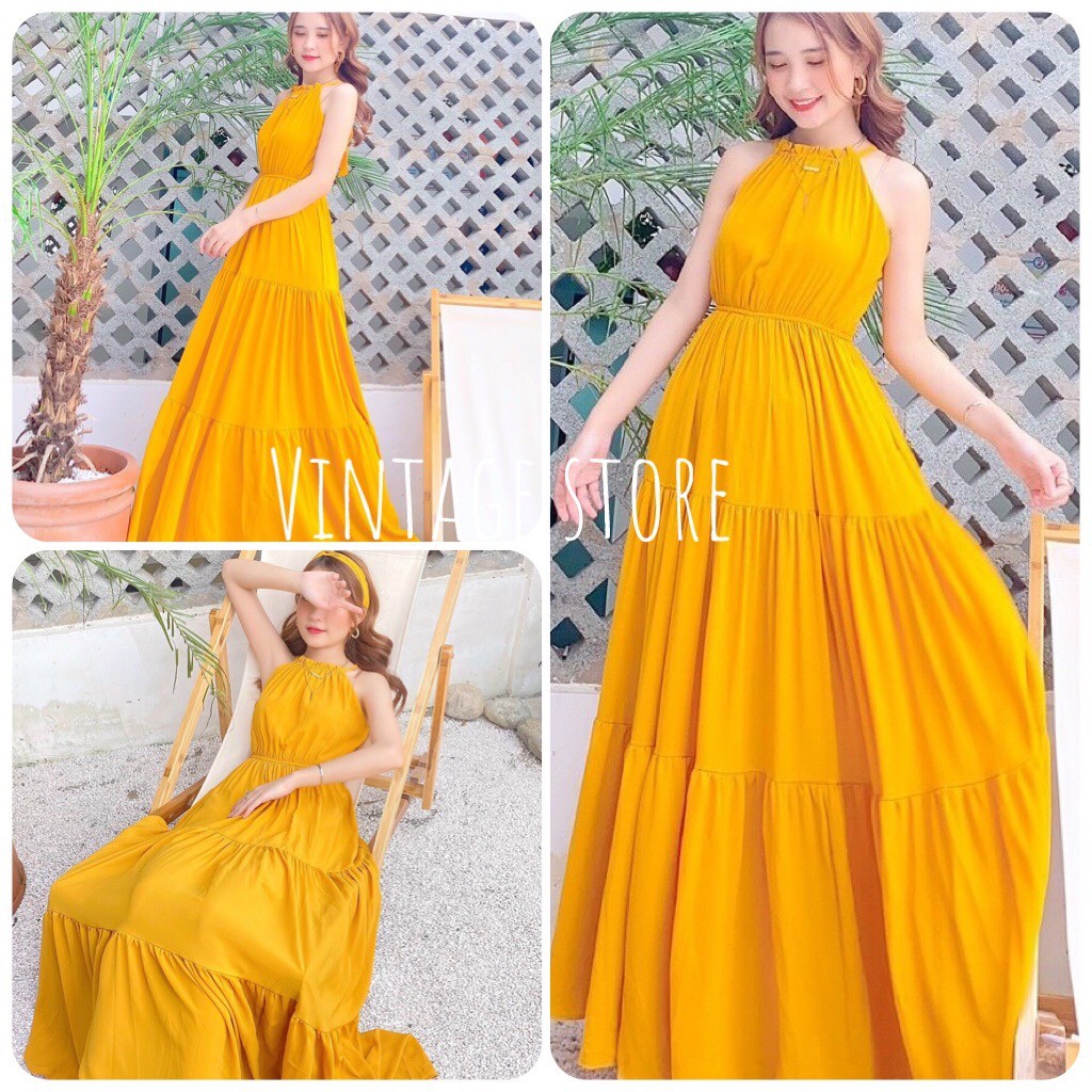 Đầm Maxi hai dây yếm, đầm đi biển, dáng dài, xếp tầng, mê mẩn em này luôn VINTAGE STORE