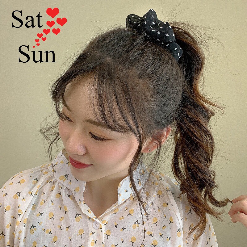 Buộc tóc vải voan scrunchies chấm bi phong cách vintage hot trend