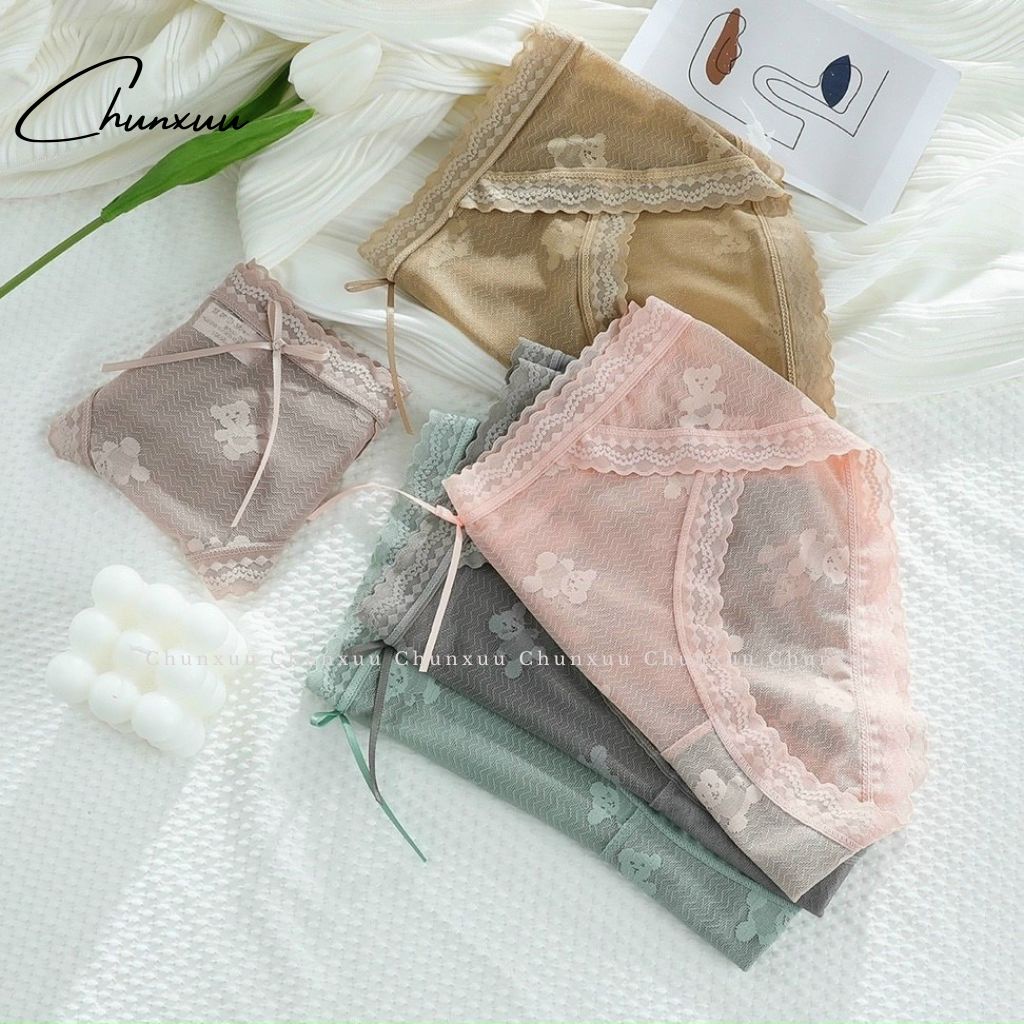 Quần lót ren nữ cao cấp Chunxuu chất liệu mềm mại, họa tiết gấu phối nơ dễ thương - QC106