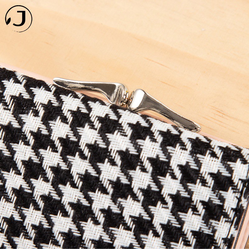 KAITIFEI Ví nữ bỏ túi Houndstooth nhiều ngăn canvas dáng ngắn gập cầm tay mini họa tiết kẻ sọc khóa cài đa năng