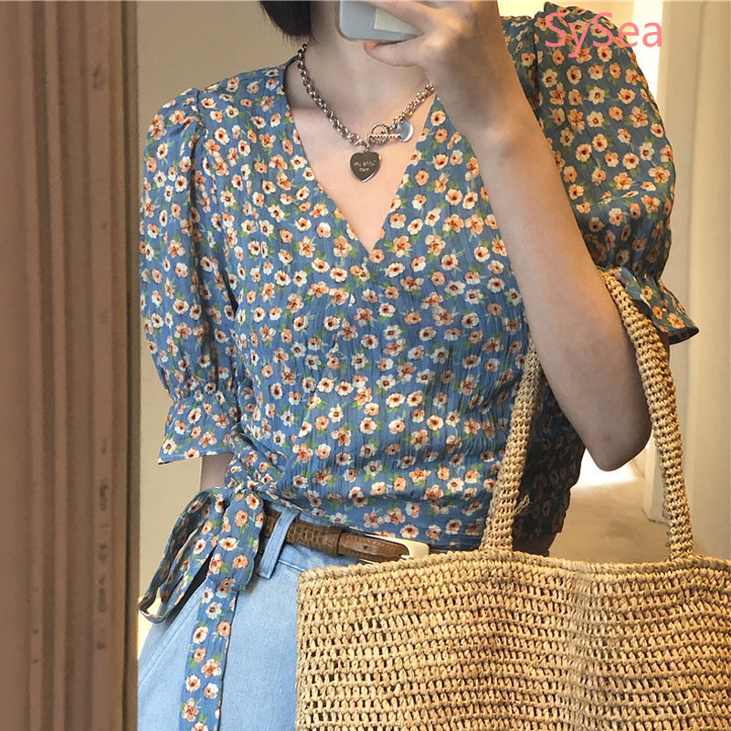 Áo sơ mi chiffon họa tiết hoa kiểu cổ chữ V thời trang cho nữ