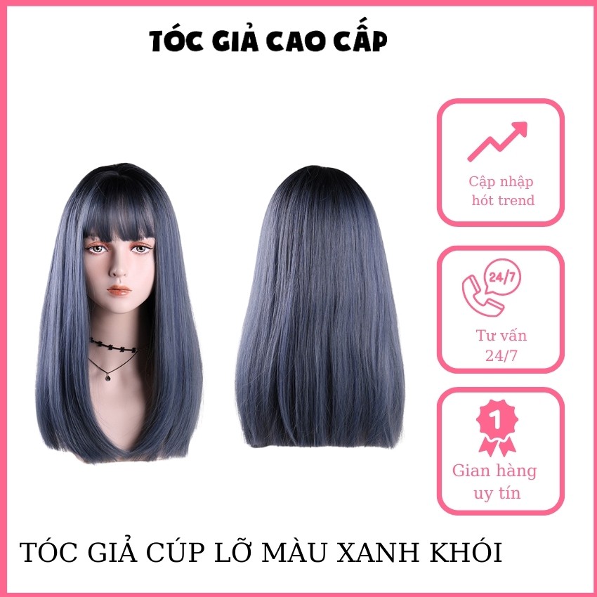 Tóc giả nguyên đầu màu xanh khói, mã ms1799