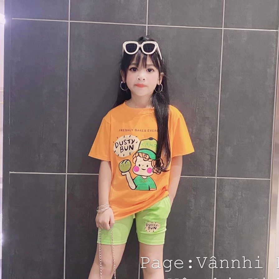 Set đồ bộ bé gái Dusty Bun Áo phông ngắn tay hoạt hình và Quần legging đùi chất thun cotton size đại 18-30 kg, SUN KID'S