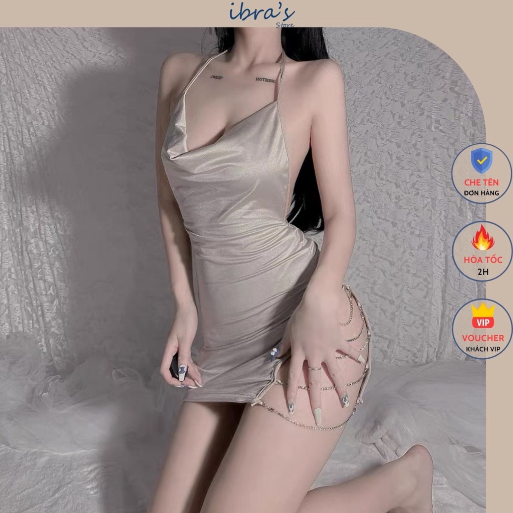 Váy Ngủ Sexy Gợi Cảm iBRA'S STORE Đồ Ngủ Sexy Nữ Xẻ đùi phối dây Quyến Rũ Nóng Bỏng Tặng Quần Lót Lọt Khe iBRA V3