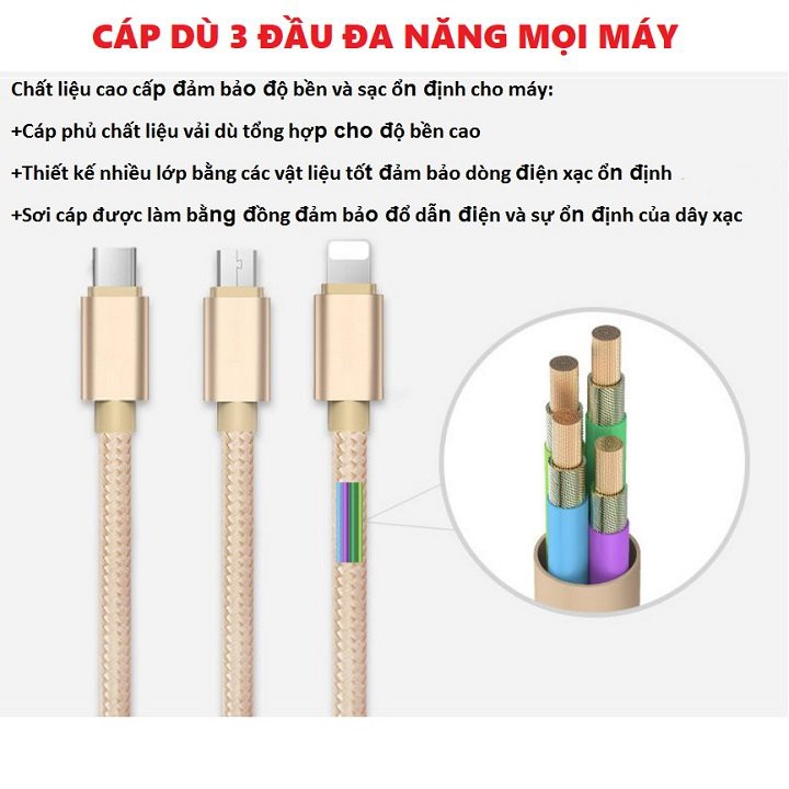 Cáp sạc 3 trong 1 chân sạc micro, type c, lightning Công nghệ Sạc Nhanh