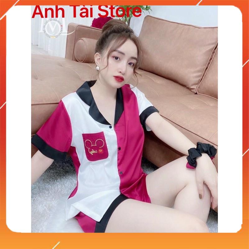 Bộ ngủ pijama nữ tay cộc quần quần đùi chất lụa Satin mềm mát không bai xù Ovessize 60 kg phong cách Hàn Quốc AT112