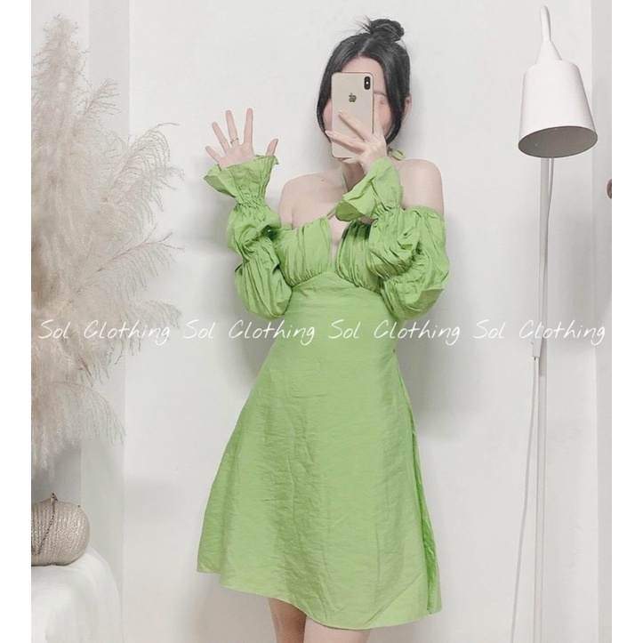 [ SẴN MÀU XANH/TRẮNG] ĐẦM  TRỄ VAI TAY DÀI  DÂY CỔ YẾM CUTOUT LƯNG KTGIMI ( Kèm ảnh thật)