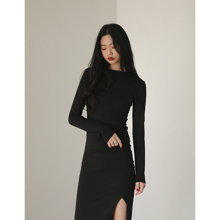Váy đầm nữ dài tay len tăm body đen xẻ vạt cổ tròn Ylydress freesize phom ôm tôn dáng sexy dáng dài C660 | BigBuy360 - bigbuy360.vn