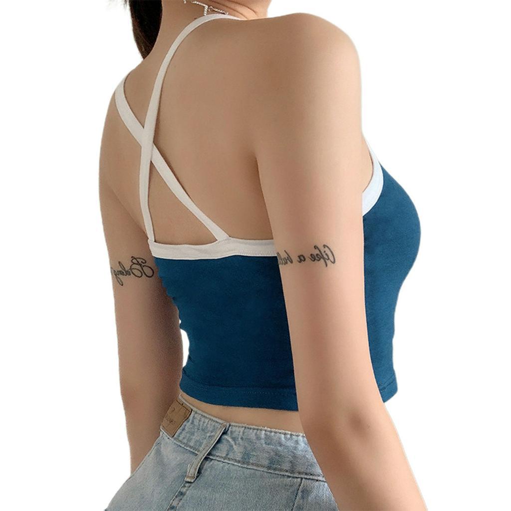 Áo hai dây mềm thêu chữ thiết kế dây chéo sau lưng thoáng khí năng động cho nữ