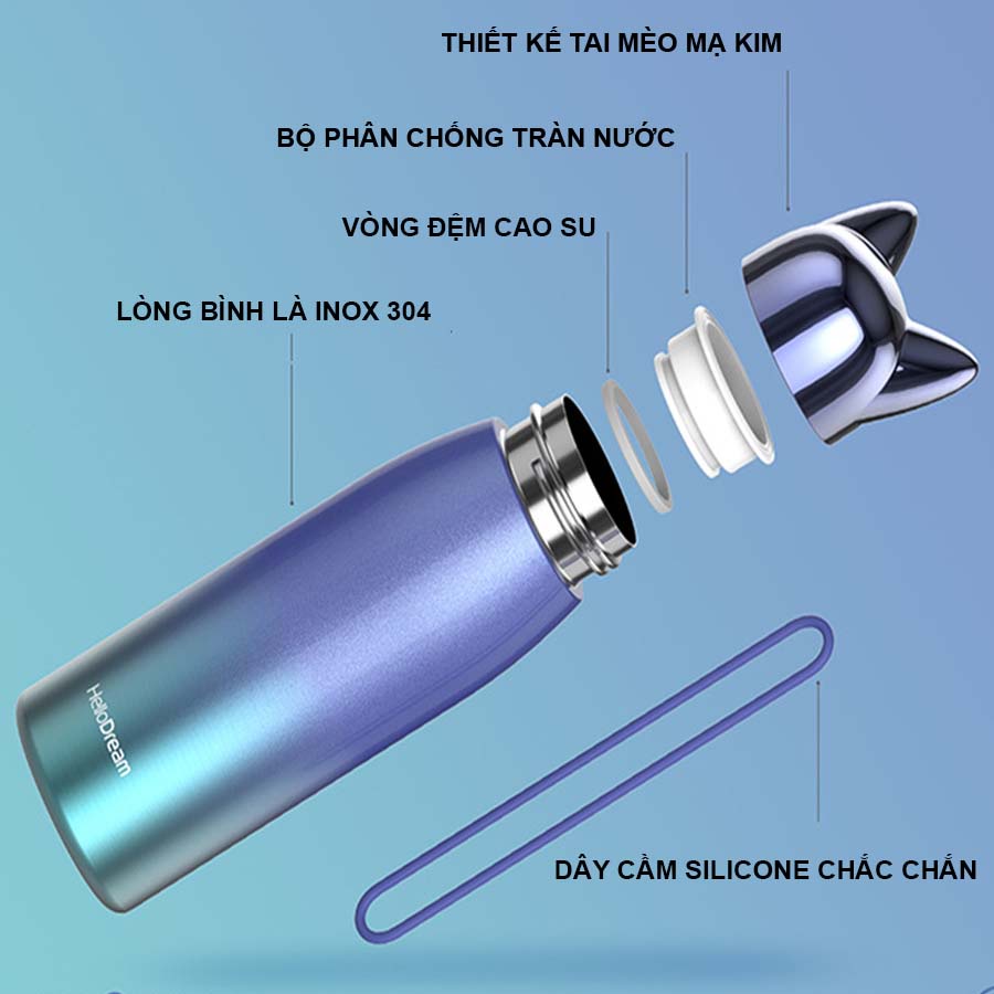Bình Giữ Nhiệt Cao Cấp, Bình Đựng Nước Thiết Kế Tai Mèo Sang Trọng,  INOX Không Gỉ, Dung Tích 300ml  J-2209