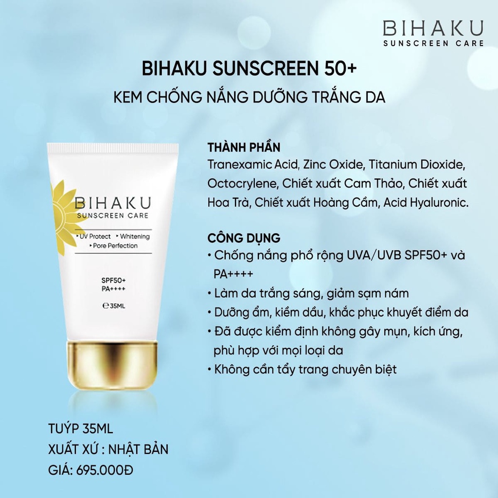Kem chống nắng cho da nhạy cảm Bihaku Sunscreen Care SPF 50+ PA++++ dưỡng trắng kiềm dầu chống tia UV
