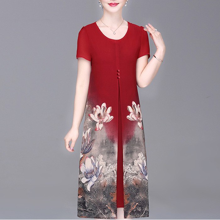 GOTI - Đầm Trung Niên Size Lớn Dự Tiệc Kiểu Dáng Suông Voan In Hoa Dài Qua Gối Tay Ngắn Cho Mẹ U50 U60 3296 3301