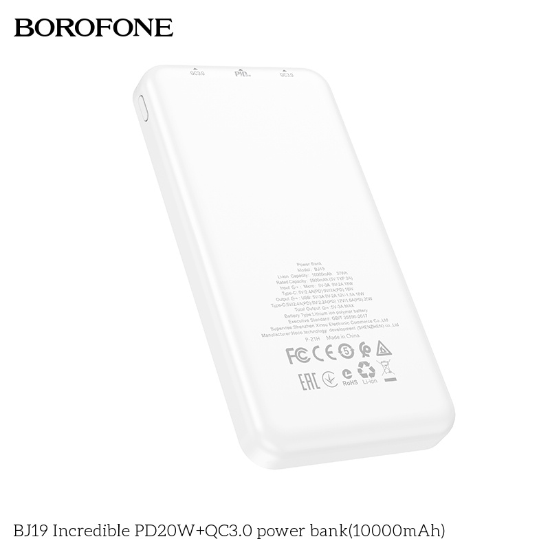 Pin sạc dự phòng 10000mAh BOROPHONE BJ19 sạc nhanh PD20W (cổng Type-C), có đèn báo LED, 1 cổng ra USB - Chính hãng