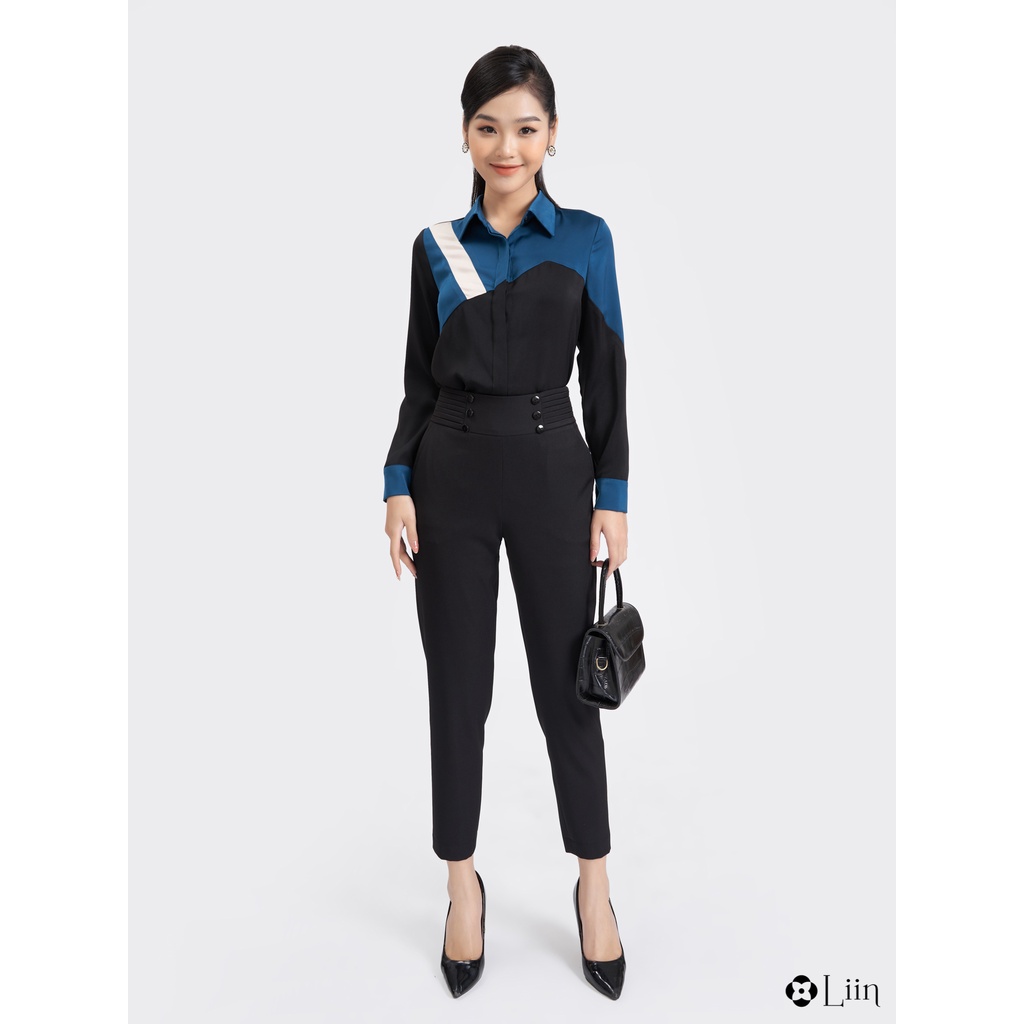 Quần baggy màu đen cạp cao viền cúc dáng công sở thanh lịch Liin Clothing Q3654