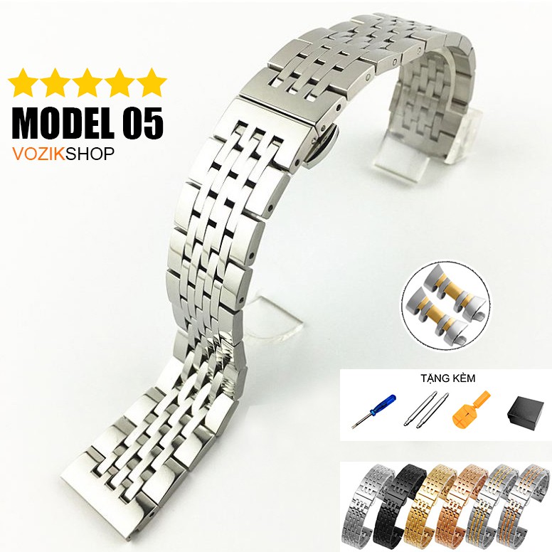 Dây đồng hồ thép không gỉ inox 316 model 05 kiểu khóa bấm chống han gỉ (18mm 20mm 22mm)