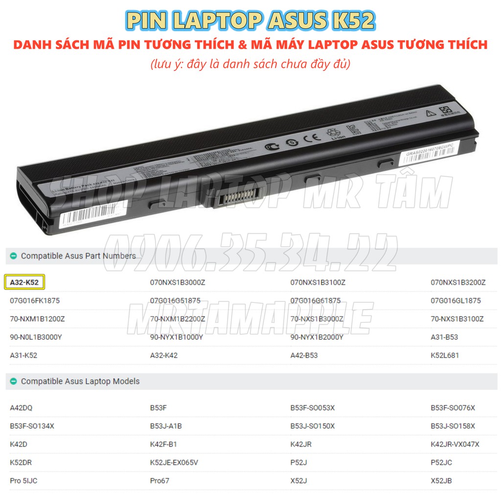 (BATTERY) PIN LAPTOP ASUS K52 (A32-K52) - 6 CELL - A31-K52, A41-K52, A42-K52 A42 A52 A62 B53 F85 F86 P42 P52 P62 P82 PRO