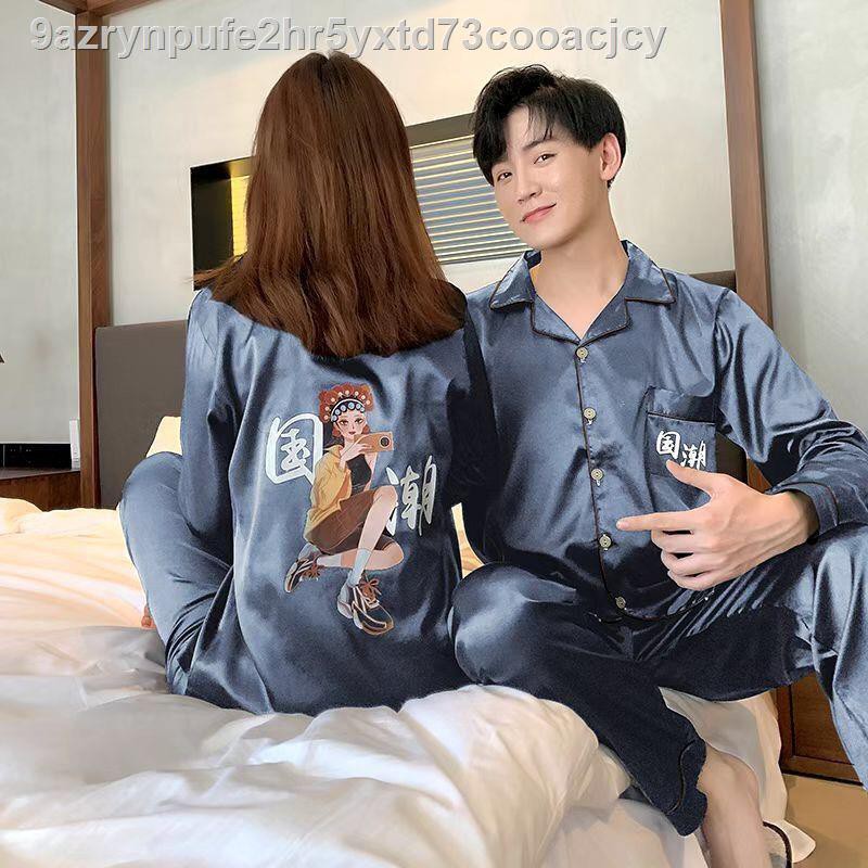 Cặp đôi pyjama mùa xuân và thu dài tay một người đàn ông phụ nữ hoạt hình mỏng hai mảnh phù hợp với lụa băng sexy ^