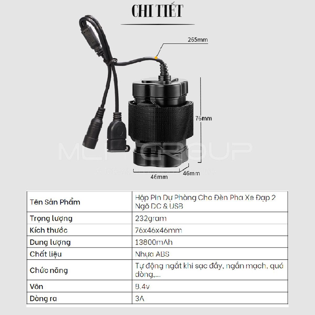 Bộ Pin Sạc Dự Phòng Cho Đèn Pha Xe Đạp 8.4V 13800mAh Pin Lithium 4x16850 2 Ngõ Ra USB/ DC Sạc qua Ngõ DC MLH