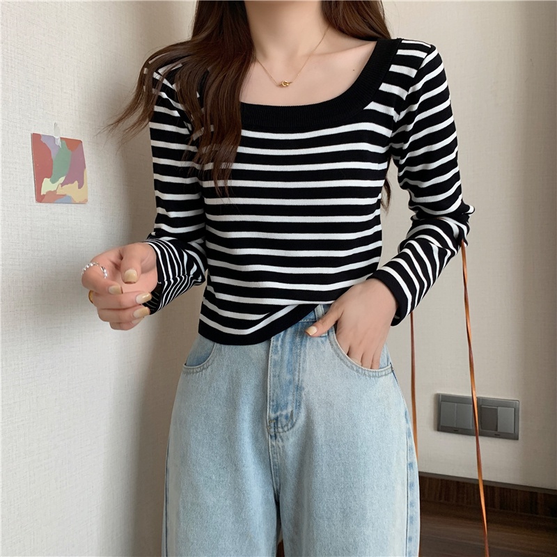 Áo len ZHELIHANGFEI tay dài họa tiết kẻ sọc thời trang dành cho nữ