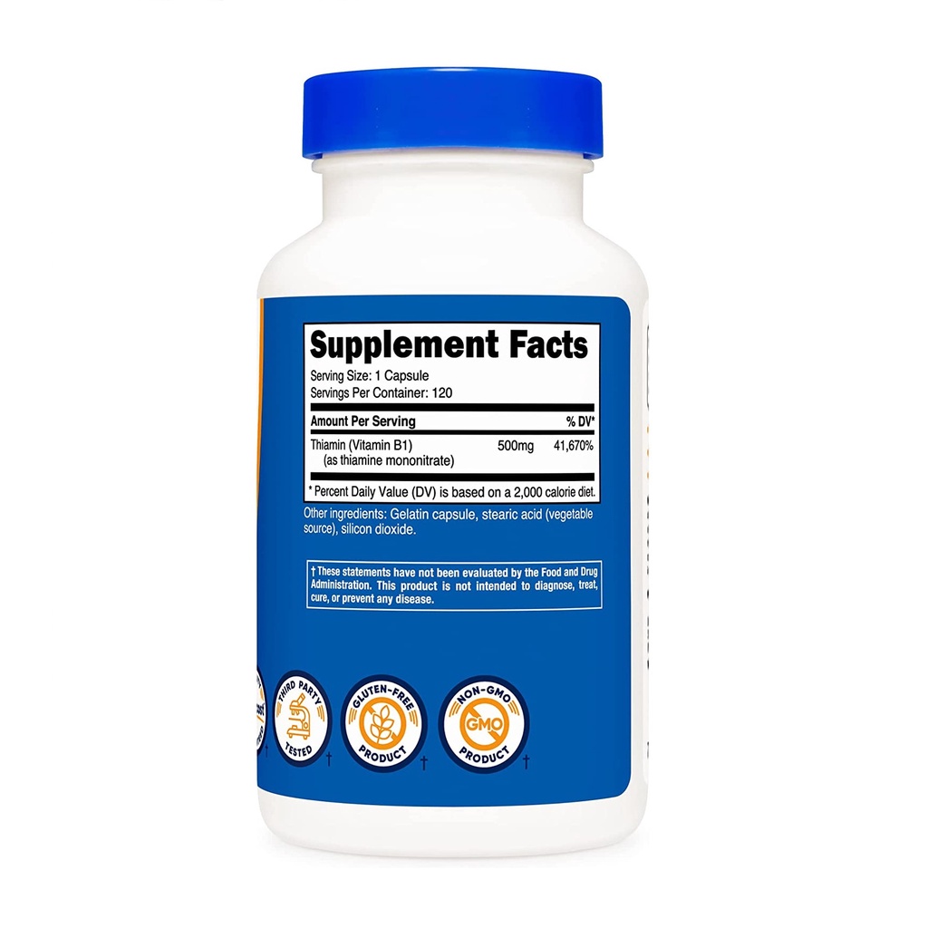Nutricost Vitamin B1 500mg Thiamine Mononitrate Viên uống hỗ trợ chức năng hệ thần kinh, chuyển hóa năng lượng 120 viên