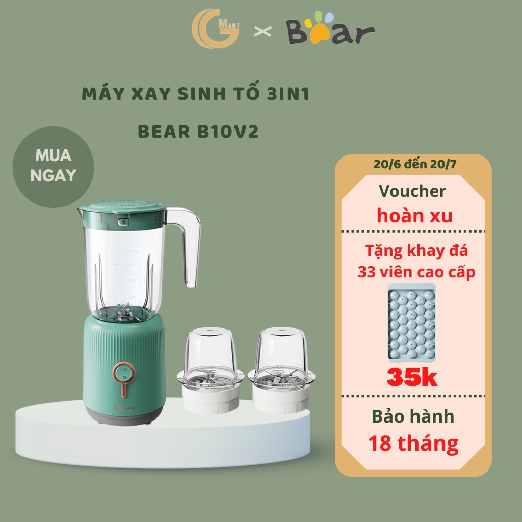 MÁY XAY ĐA NĂNG 3 CỐI XAY SINH TỐ, XAY THỊT, NGHIỀN HẠT BEAR B10V2 BẢO HÀNH 18 THÁNG