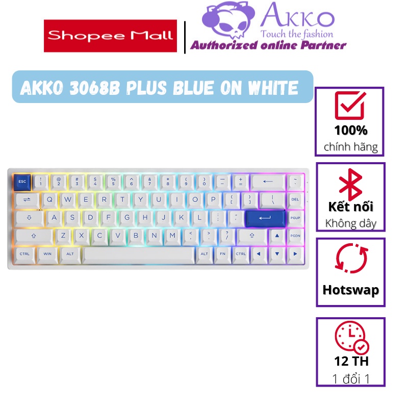 Bàn phím cơ AKKO 3068B Plus Blue on White (Bluetooth 5.0 / Wireless 2.4Ghz / Hotswap / Foam tiêu âm / AKKO CS Jelly Sw)