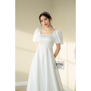 Váy cưới lụa 2 da tay bí cổ vuông DC591