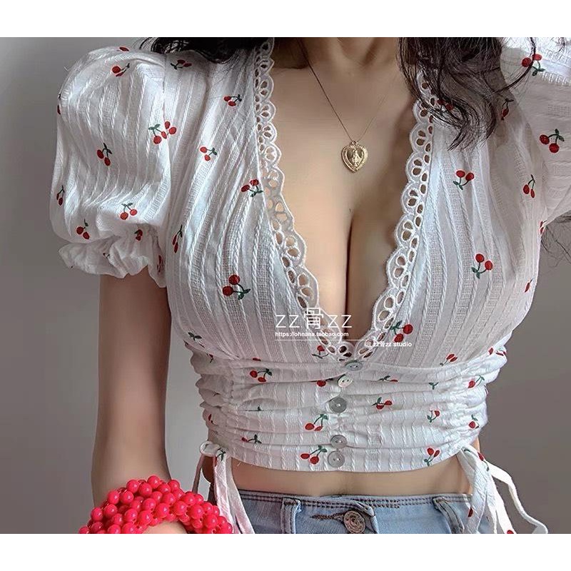 Áo Croptop Nữ Ôm Body Tay Ngắn PINKSTORE29, Viền Ren In Cherry Nhí A5404
