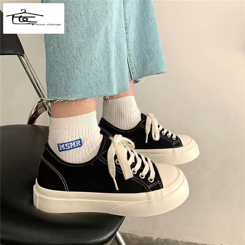Giày Canvas Mũi Tròn Đế Dày Tăng Chiều Cao Phong Cách Nhật Bản Dễ Phối Đồ