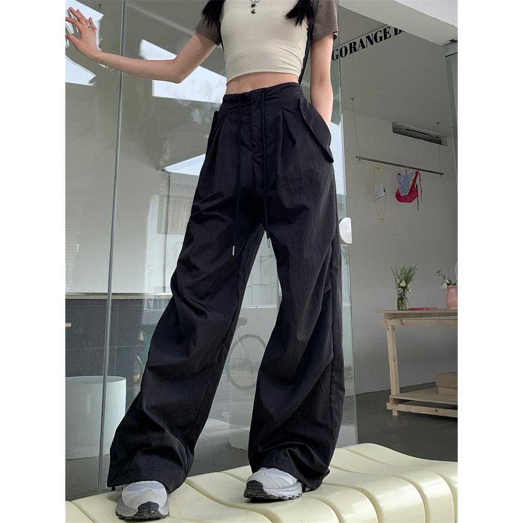 QADCOL Quần ống rộng Màu Đen Phong Cách retro Thời Trang Mùa Hè Dành Cho Nữ