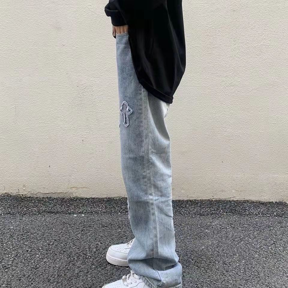Quần jean lưng cao hoạ tiết chữ thập phong cách Âu Mỹ đường phố 2021