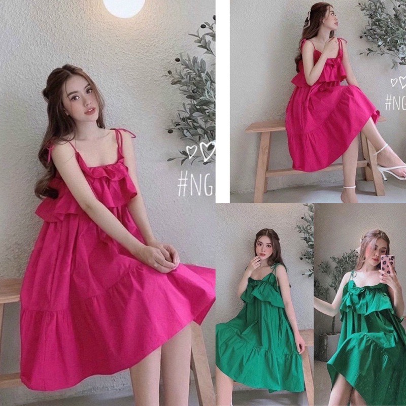 Đầm xoè babydoll bèo, Đầm dây xoè lụa đũi cao cấp