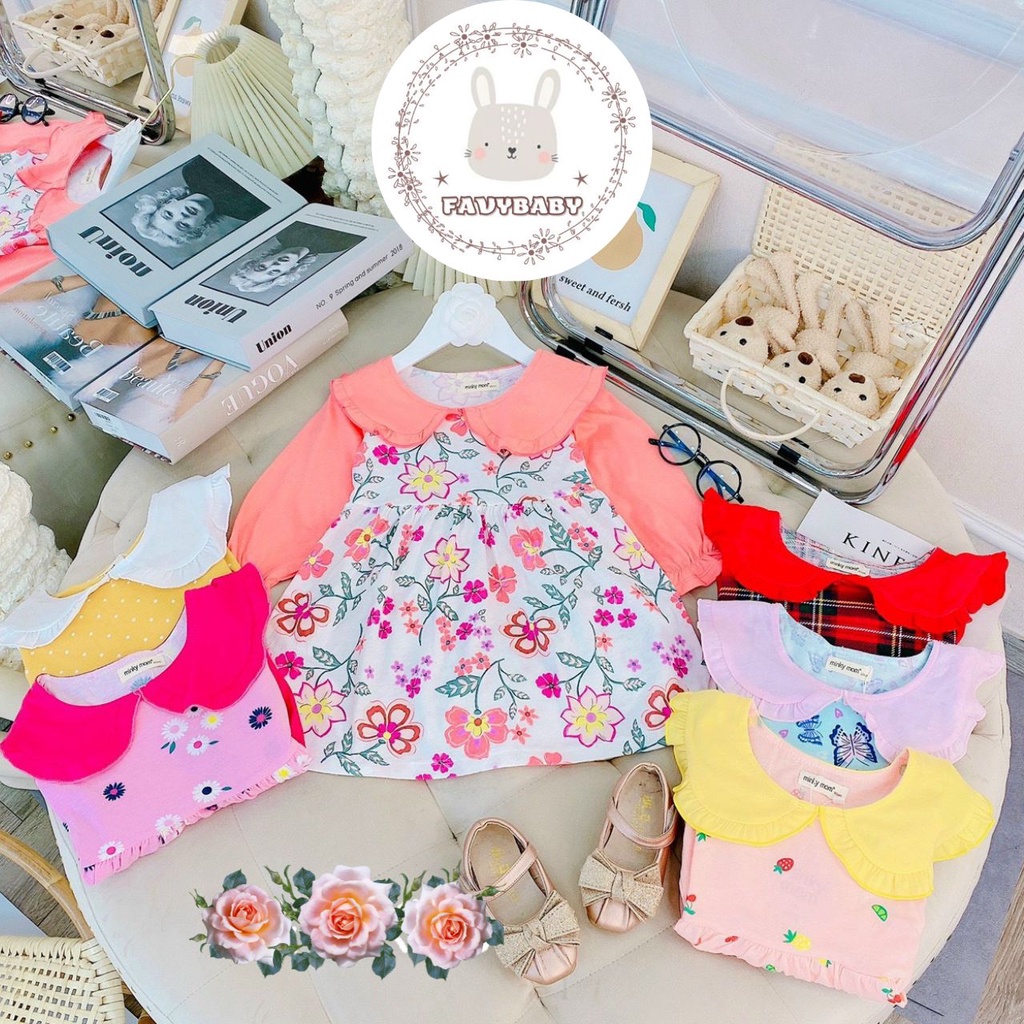 Váy Đầm Bé Gái MINKY MOM Chính Hãng COTTON Tay Dài Phối Cổ Lá Sen Đáng Yêu Hoa Văn Cute Bé 0 1 2 3 4 5 Tuổi - Favybaby