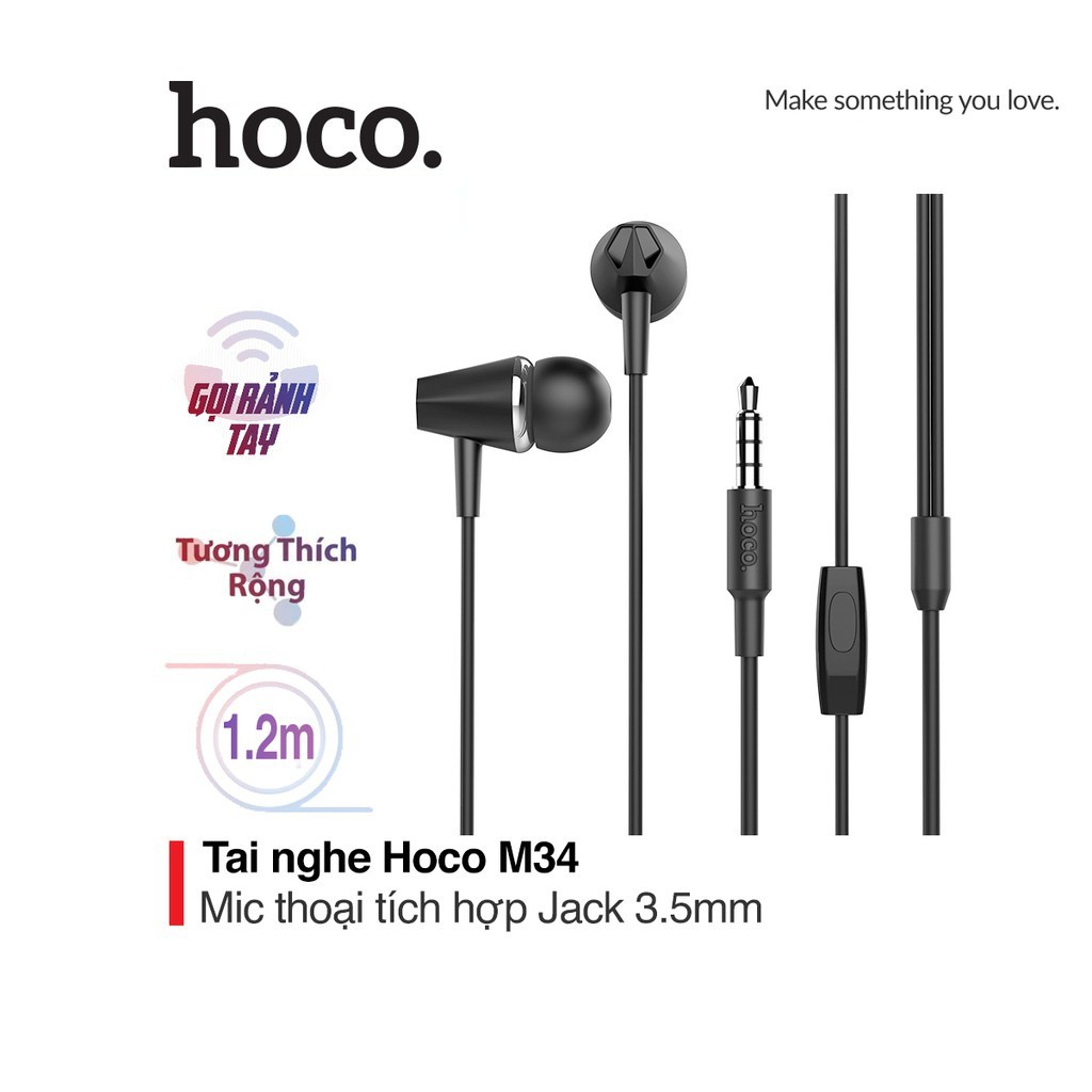 Tai nghe có dây Hoco M34 chân cắm 3.5mm dây tráng men siêu bền tích hợp Micro cho Smartphone dài 1.2M
