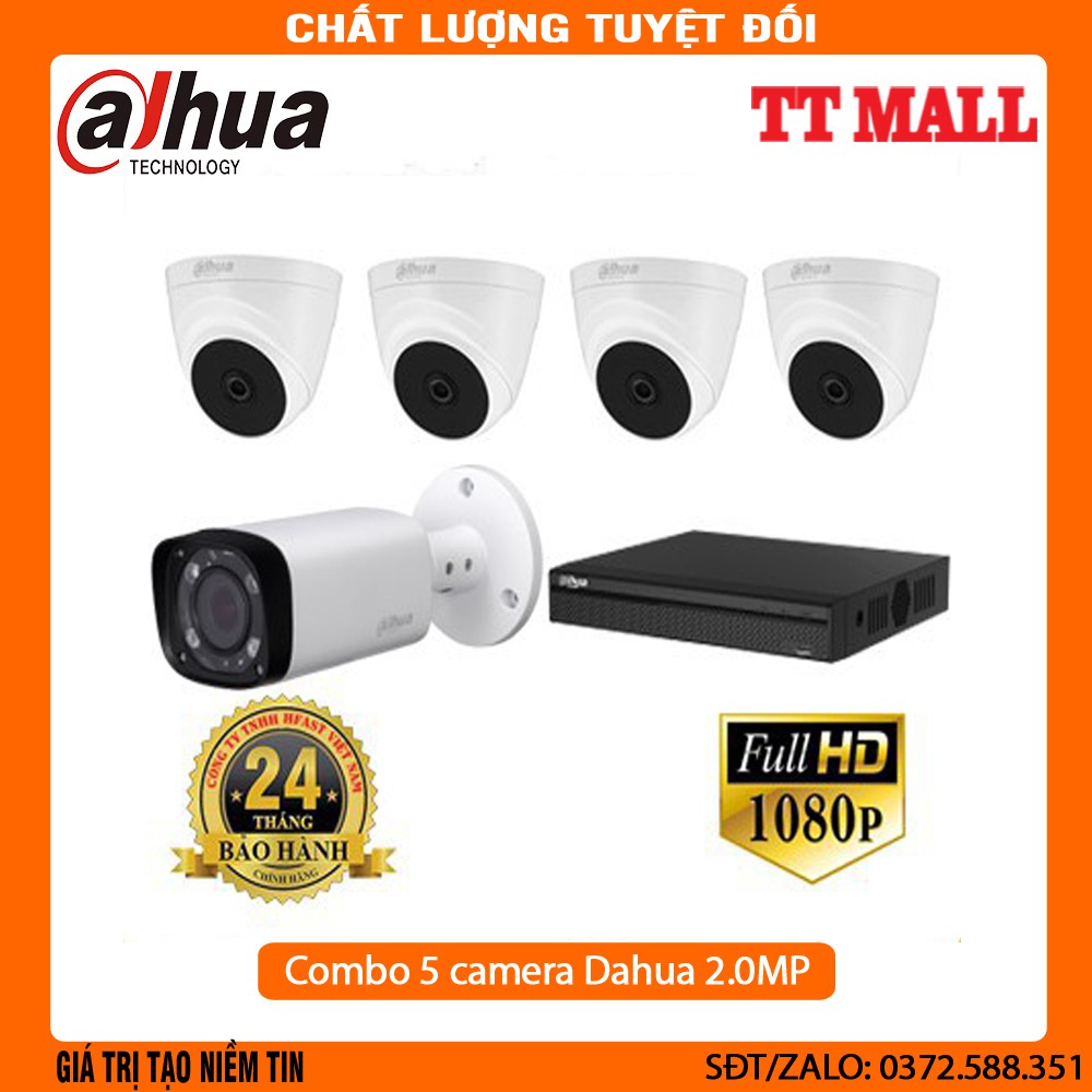 {Giá Hủy Diệt}Trọn Bộ 5 Camera Quan Sát Dahua 2.0MP Full HD 1080P + HDD 500g tặng dây liền nguồn tùy chọn