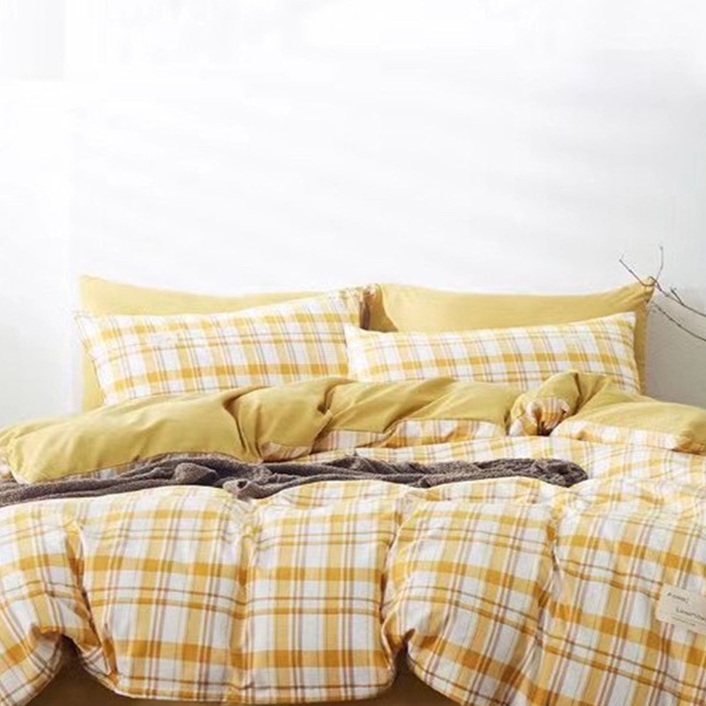 Bộ Chăn Ga Gối Cotton TC Emmidecor Kẻ HQ vàng miễn phí bo chun và làm ga phủ theo yêu cầu