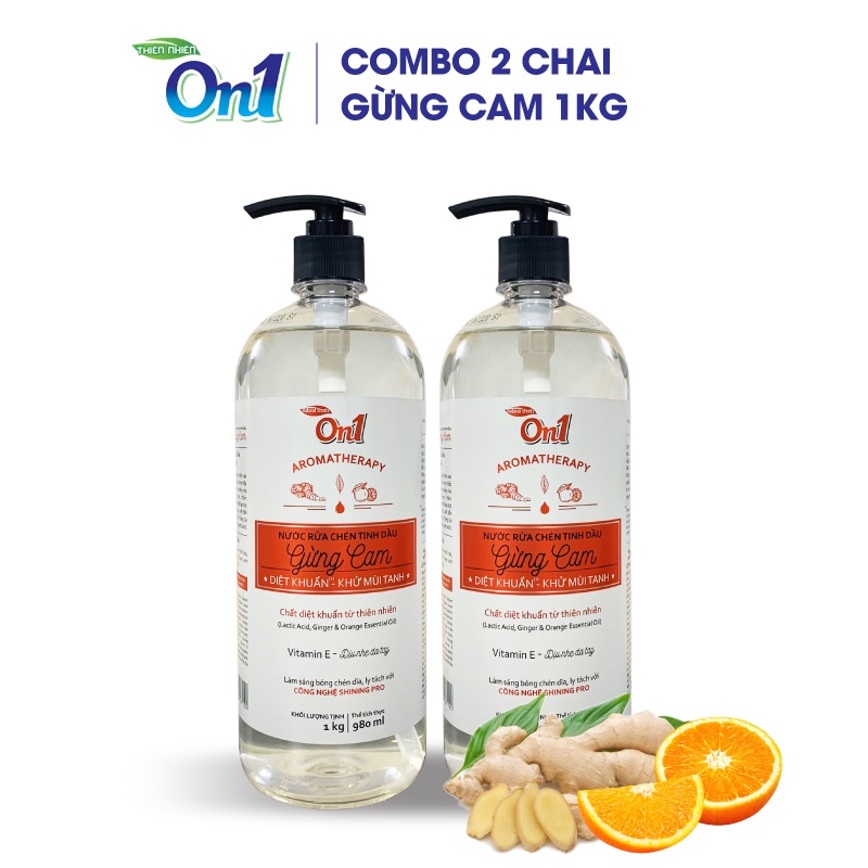 COMBO 2 chai nước rửa chén ON1 tinh dầu gừng cam (2 chai x 1kg) N5603