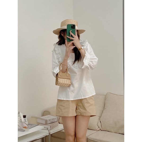 [HÀNG SẴN]ÁO SƠMI THÔ VIỀN REN CÚC BỌC TIỂU THƯ